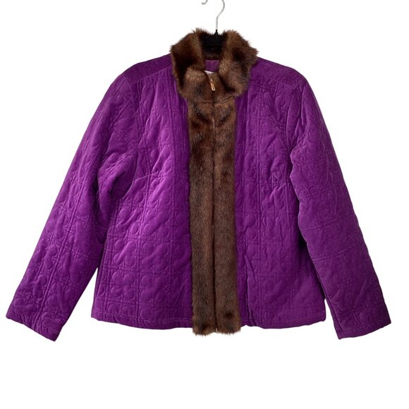 Liz Claiborne Womens Quilted Jacket Coat Size Medium Velvet Purple Faux Fur Trim - Picture 2 of 9